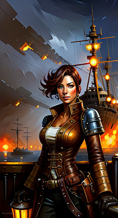Timeless Steam Punk Pilotess in a Reflective Warship Scene