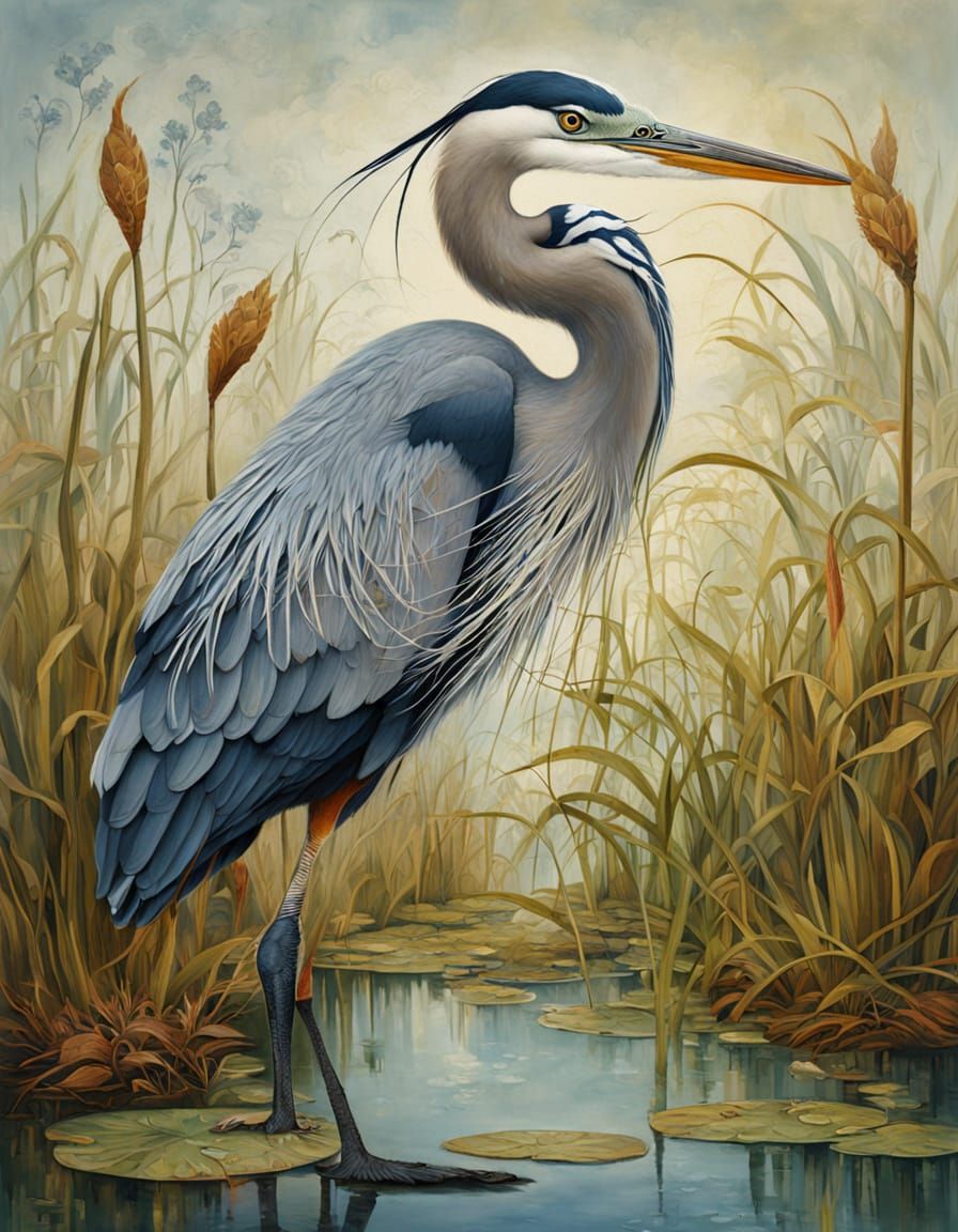 Intricate Oil Painting of a Great Blue Heron in a Whimsical ...