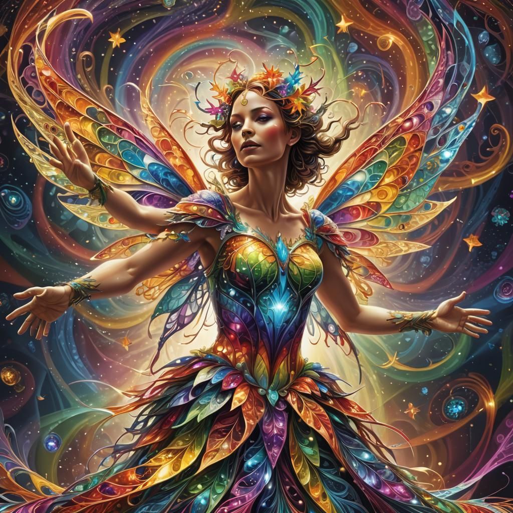 Rainbow Fairy in Fractal Lightning, Digital Art
