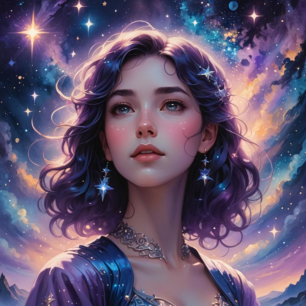 Dreamy Starry Night Portrait in Magical Realism