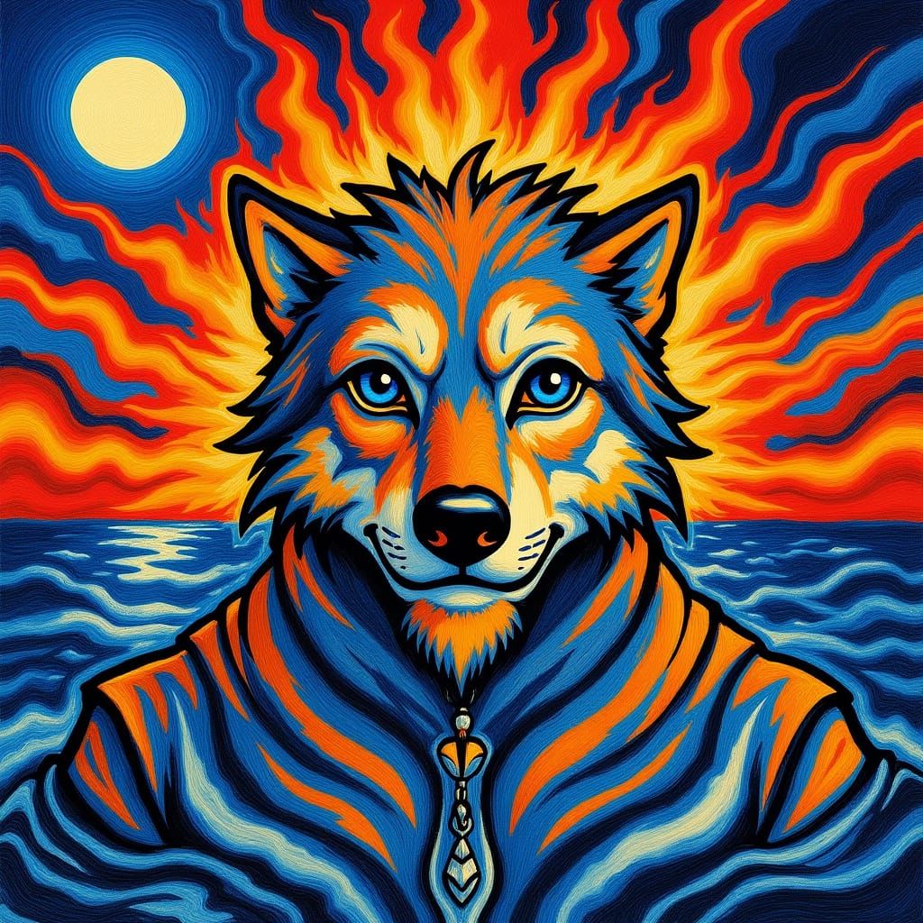 Mystical Wolf Howling at Moon Under Fire and Water Elements