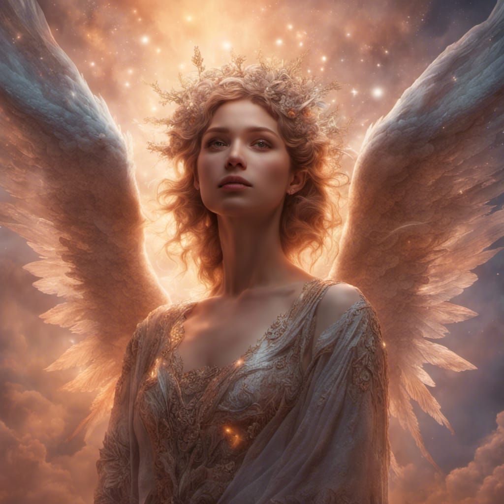 an ethereal selfie with a celestial angel, their wings gleaming in the soft glow of a heavenly realm.