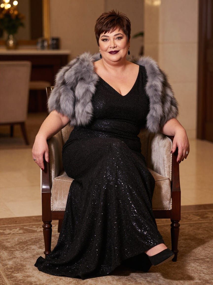 Elegant Woman in Glittering Gown in Hotel Lobby