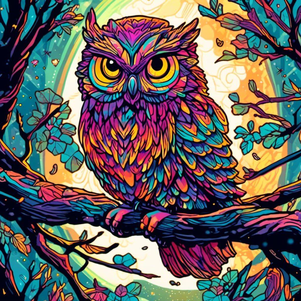 Owl with Riotous Colors: Fantasy Comic Book Art