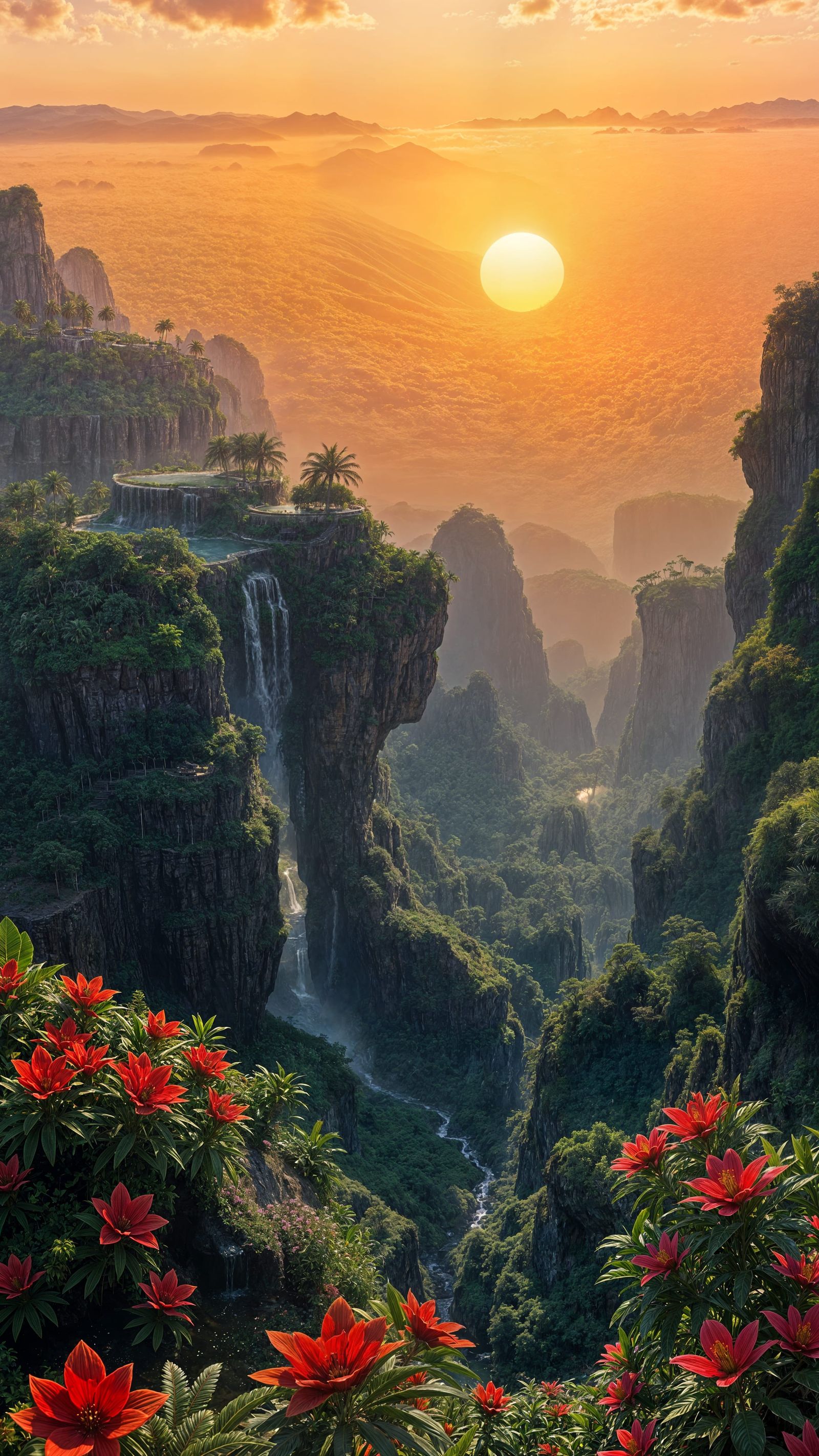 Vibrant Alien Jungle Realm with Terraced Waterfalls and Mult...