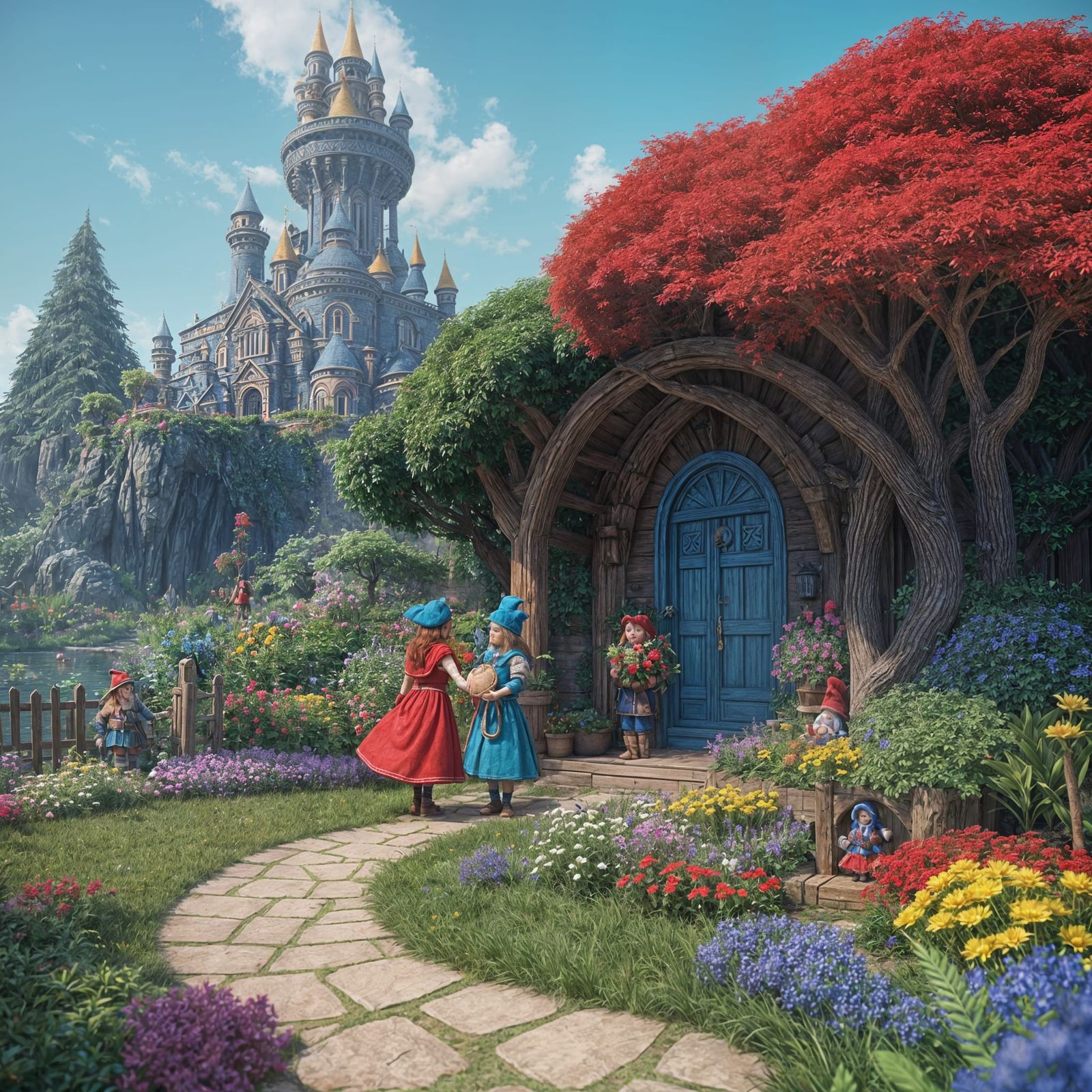 Whimsical Garden Scene with Dwarfs and Little Red Riding Hoo...