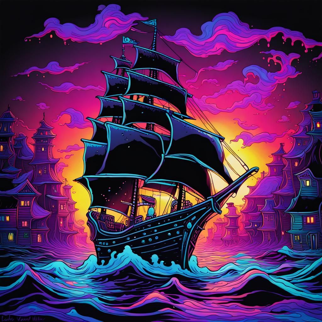 Black Light Pirate Ship Fantasy Art in UV Colors