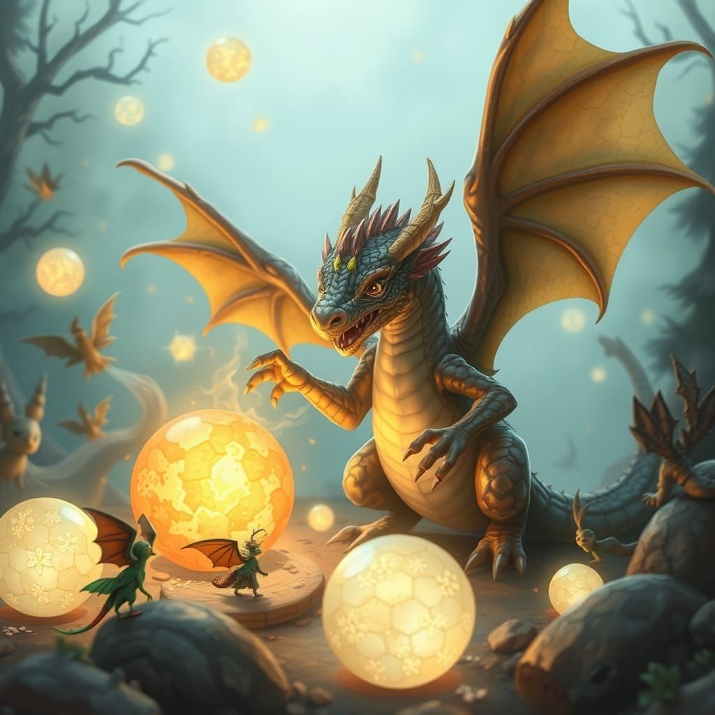 Dragon's Whimsical Play with Magical Orbs