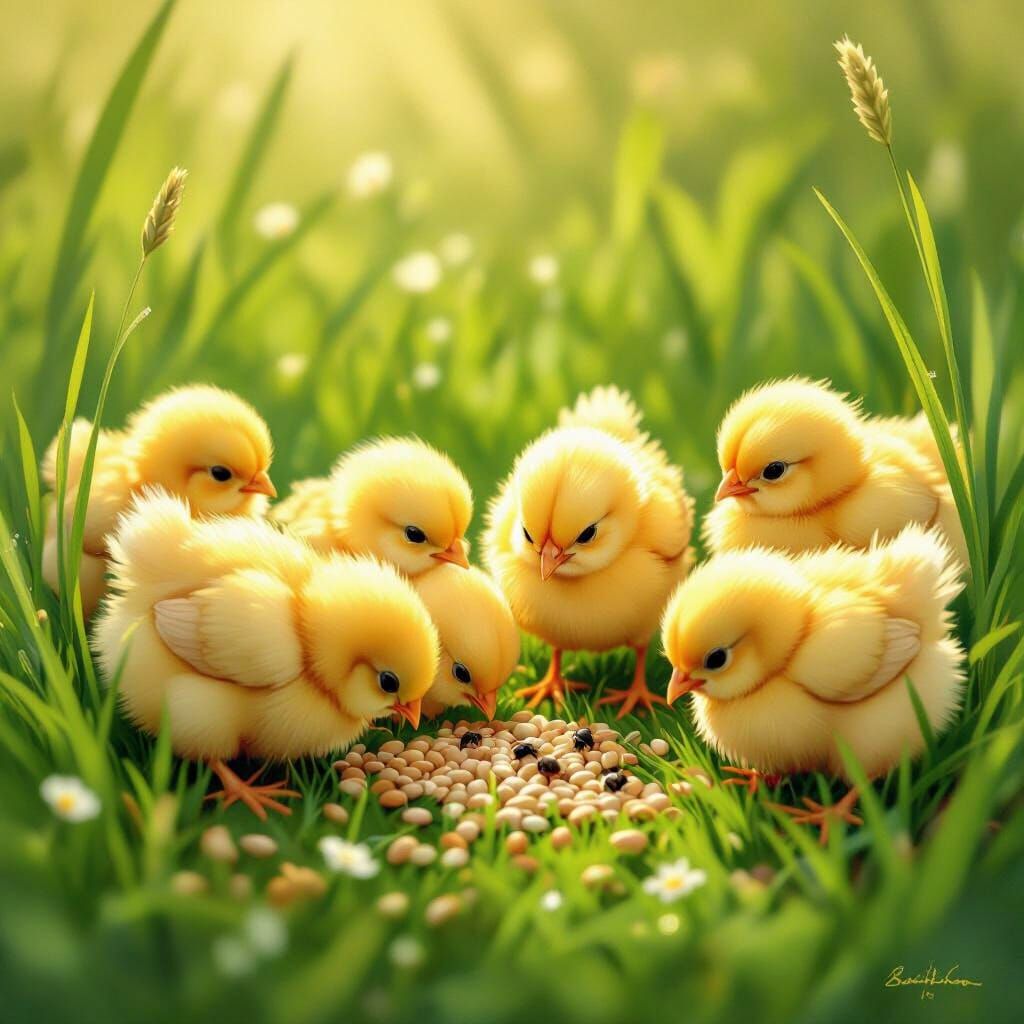 Fluffy Chicks Pecking Food in Sunny Grass