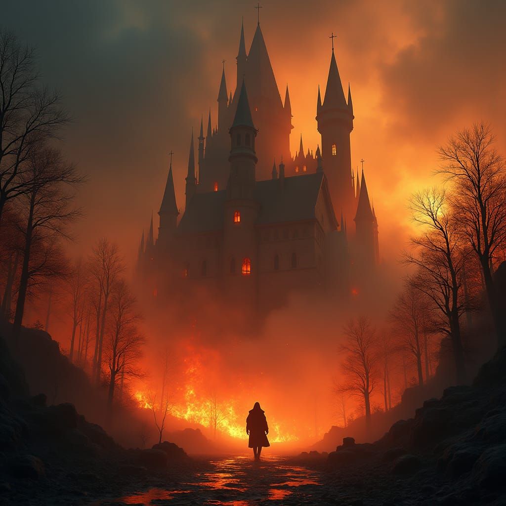Infernal Souls in Burning Forest Castle Landscape