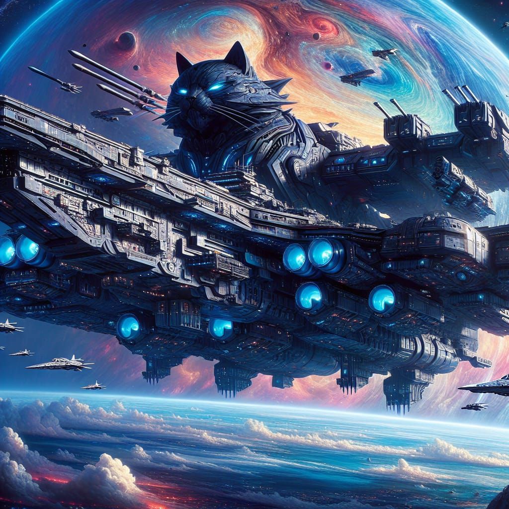 Colossal Transforming Cat Battleship over Alien Planet
