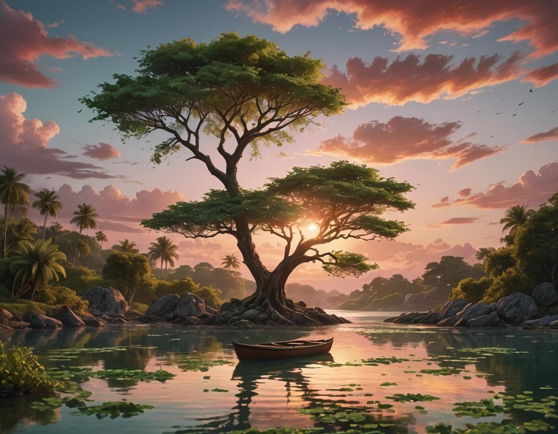 Lagoon Sunset Concept Art in Digital Painting Style