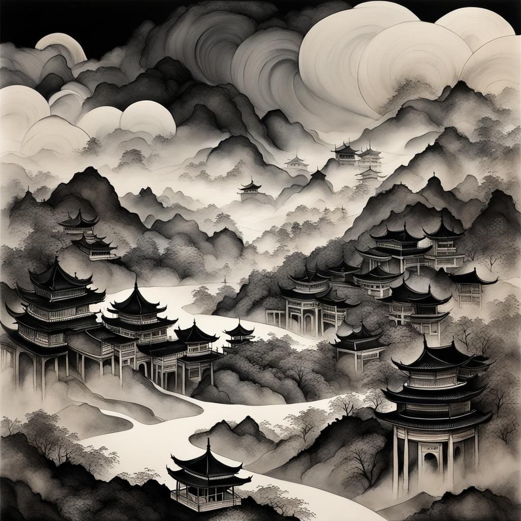 Chinese Town in Swirling Black and White Ink
