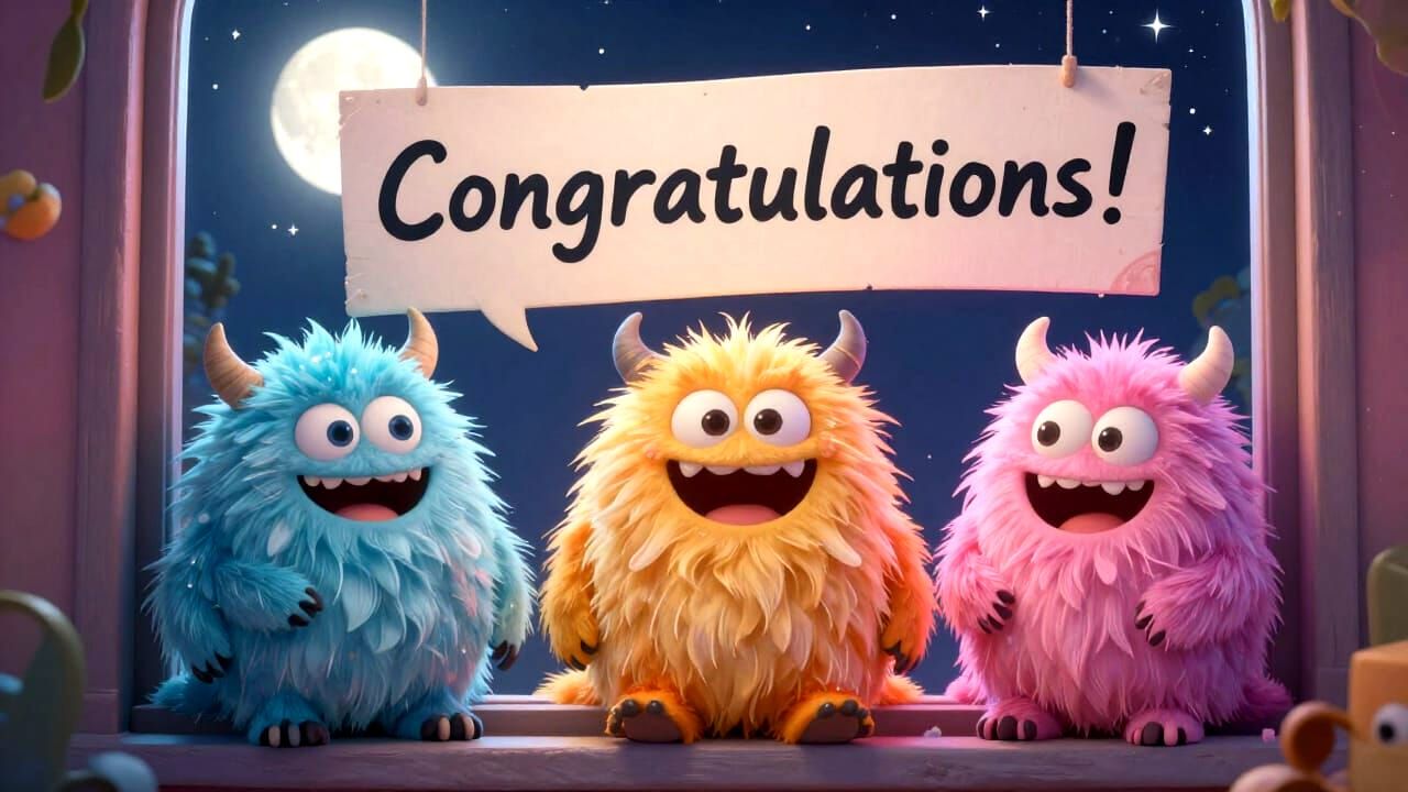 Monsters Celebrate Congratulations Under Starry Sky
