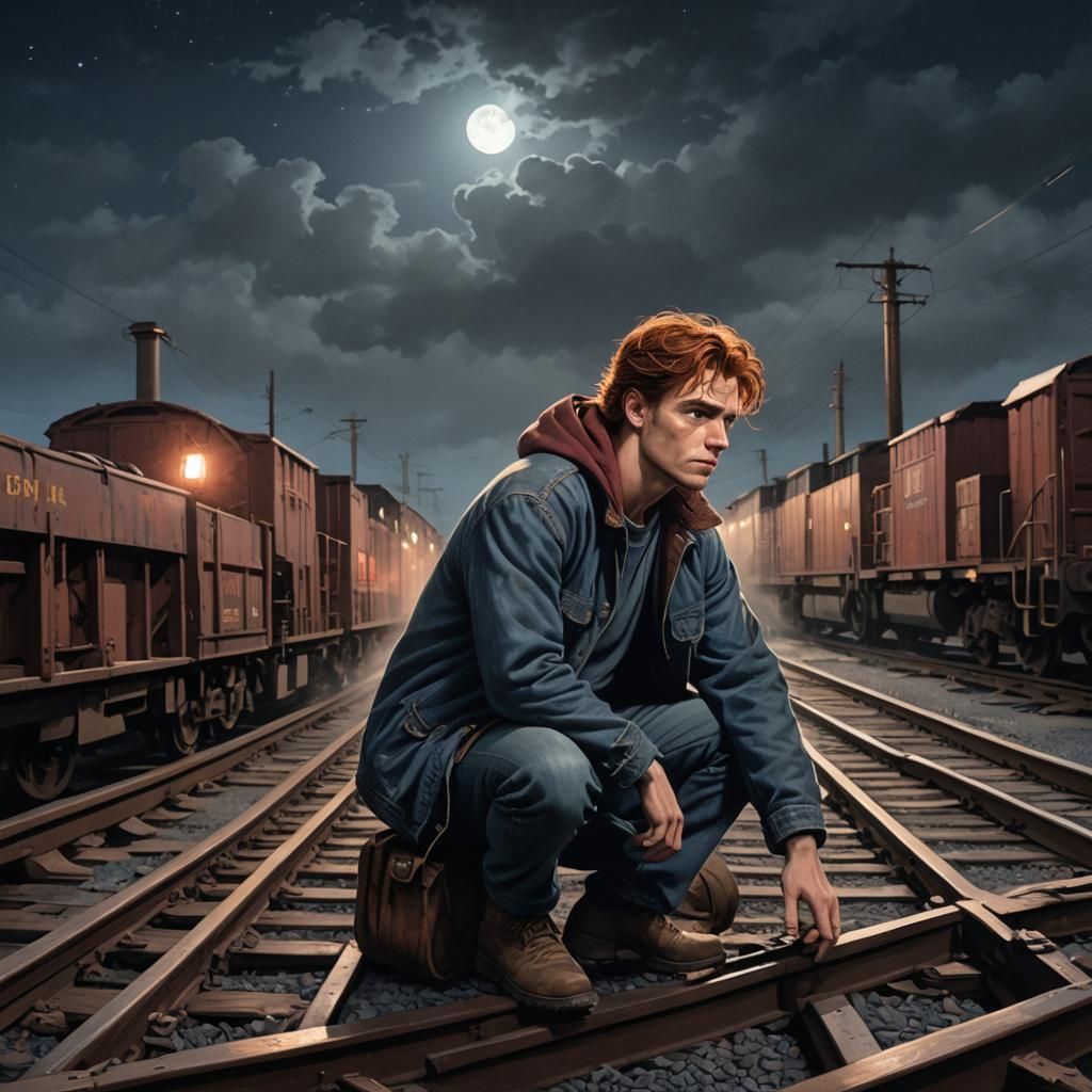 Freight Train Fantasy: Crouching Figure in Moonlight