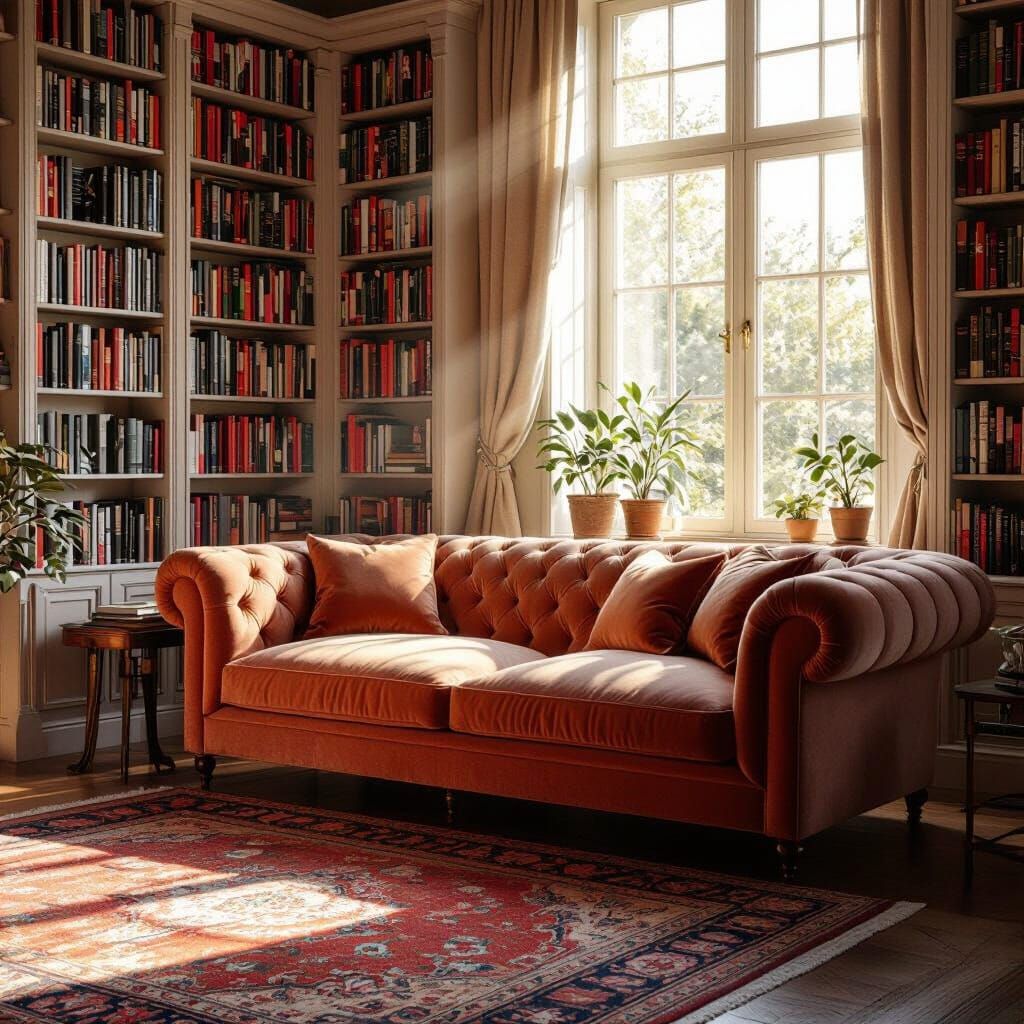 Cozy Sunlit Living Room with Bookshelf