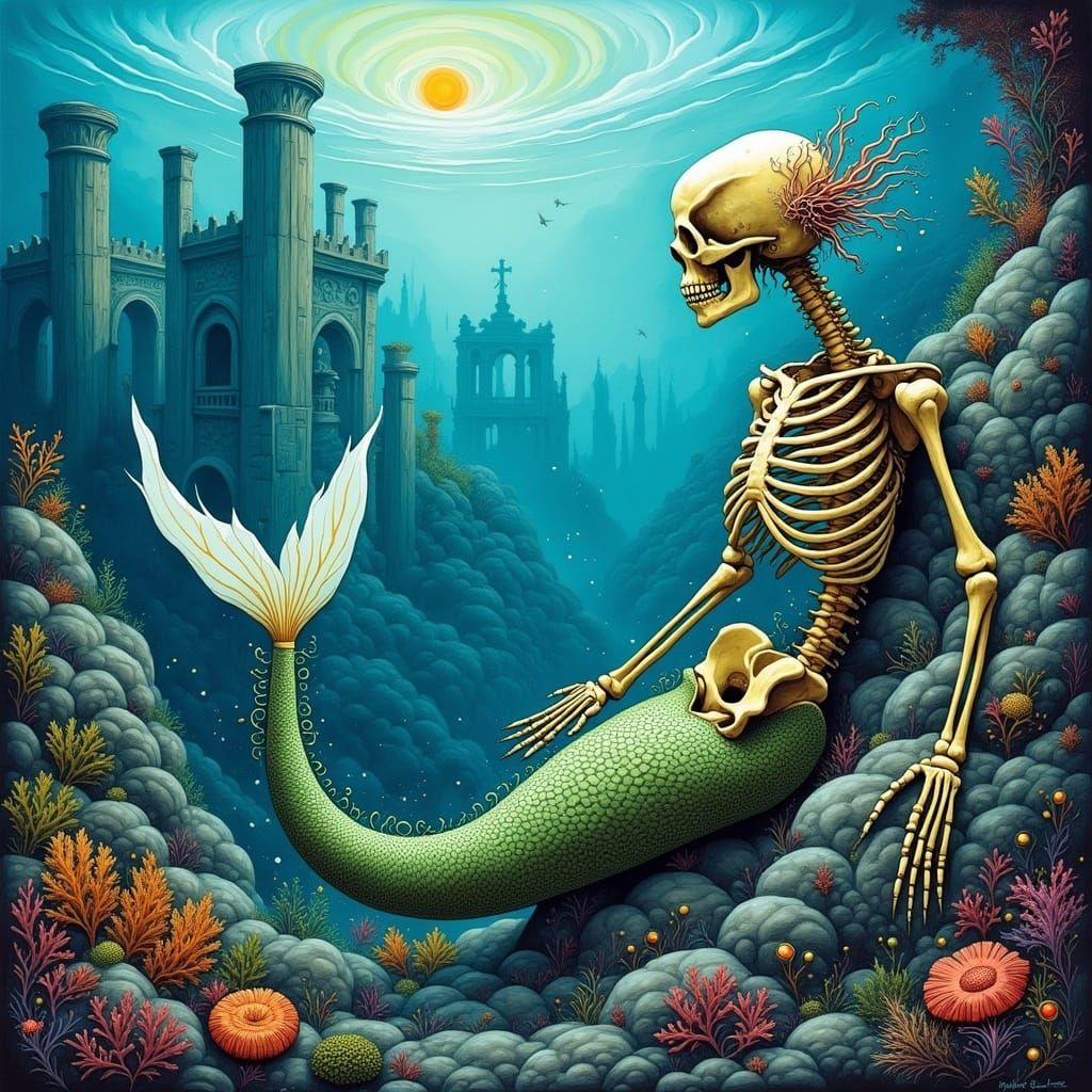 An ancient mermaid skeleton with coral and seaweed growing f...