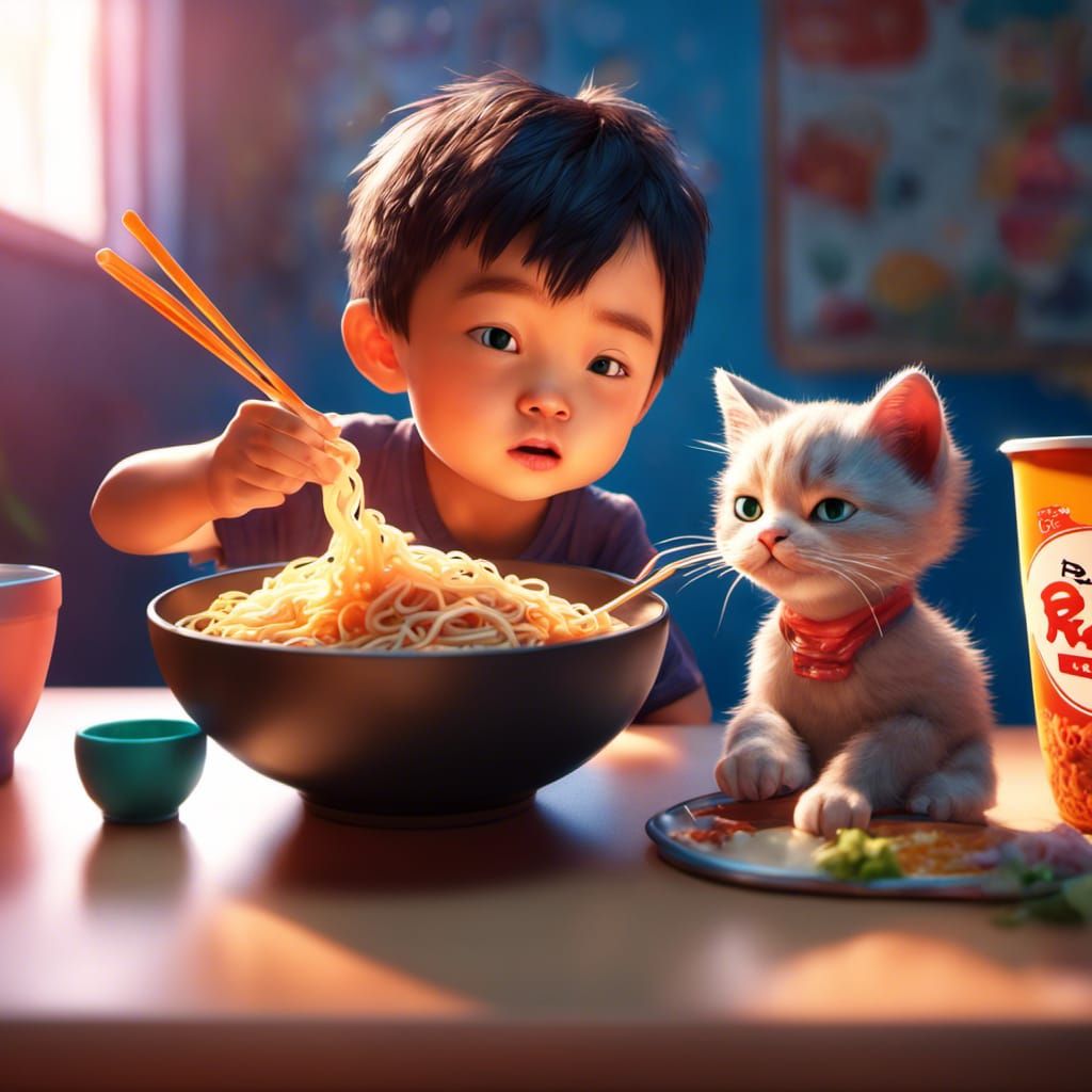 Toddler and Kitty Share Ramen: Pixar-Style 3D Art
