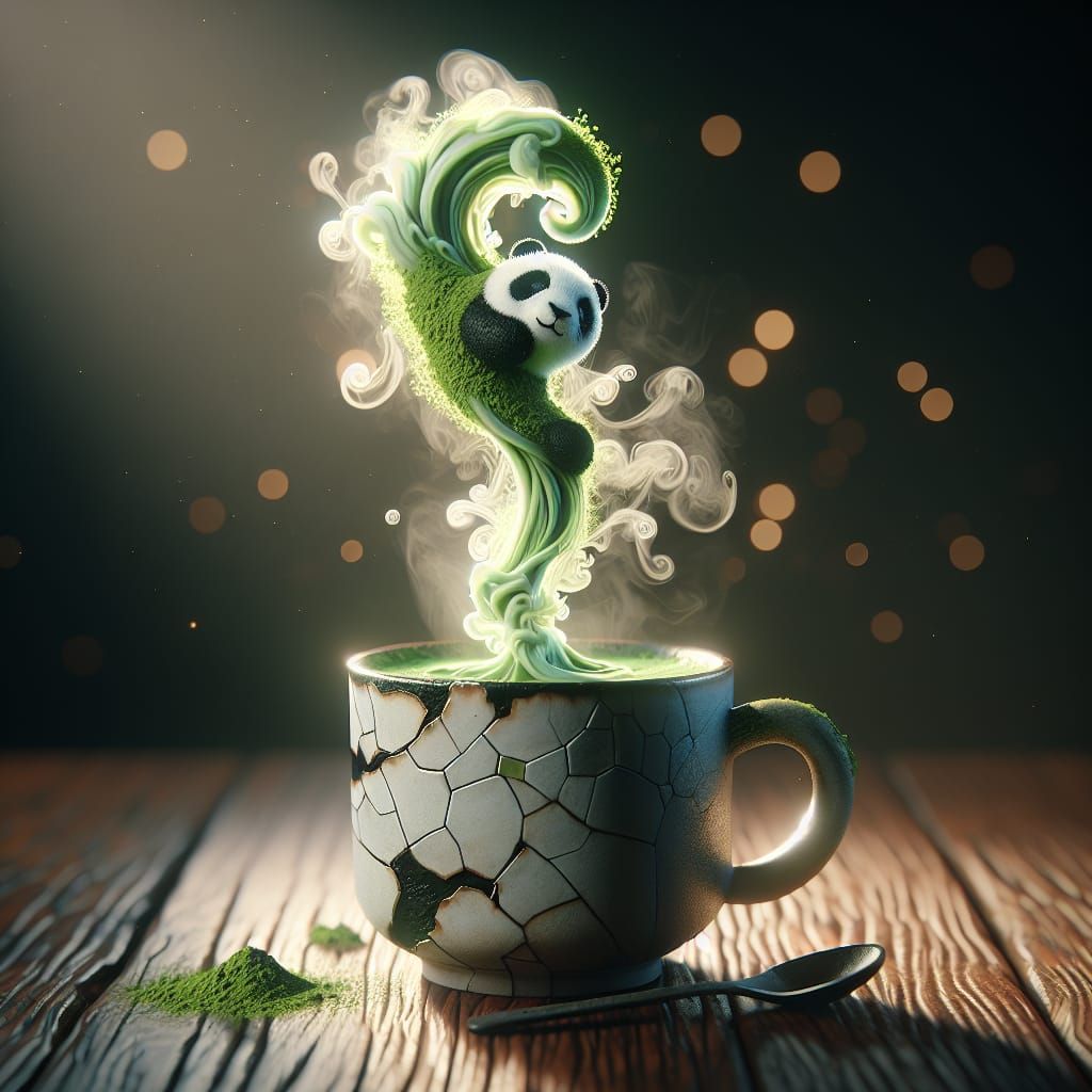 Kintsugi Cup with Matcha Panda Steam in Hyperrealism