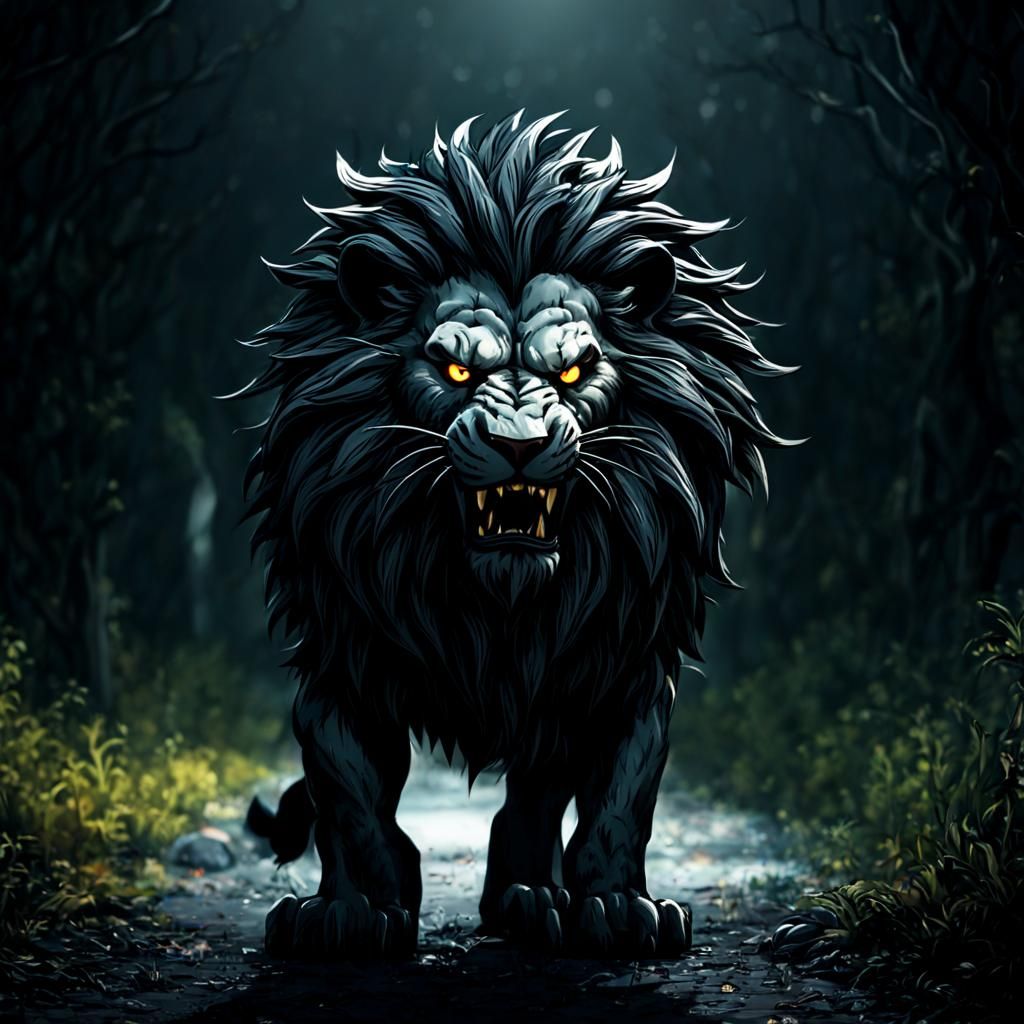 Scary Shadow Cartoon Lion in Dark Horror Style