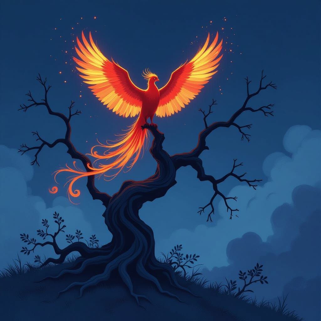 Blazing Phoenix on Ancient Tree in Melancholic Twilight