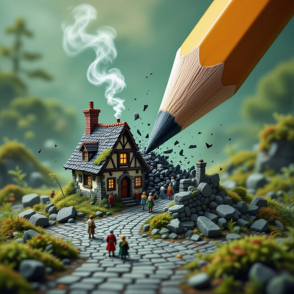 Medieval Village Emerges From Giant Fractured Pencil Tip