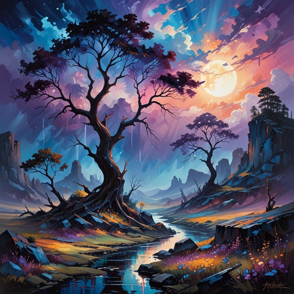 Desolate Landscape Under Broken Moonlight in a Whimsical Sty...