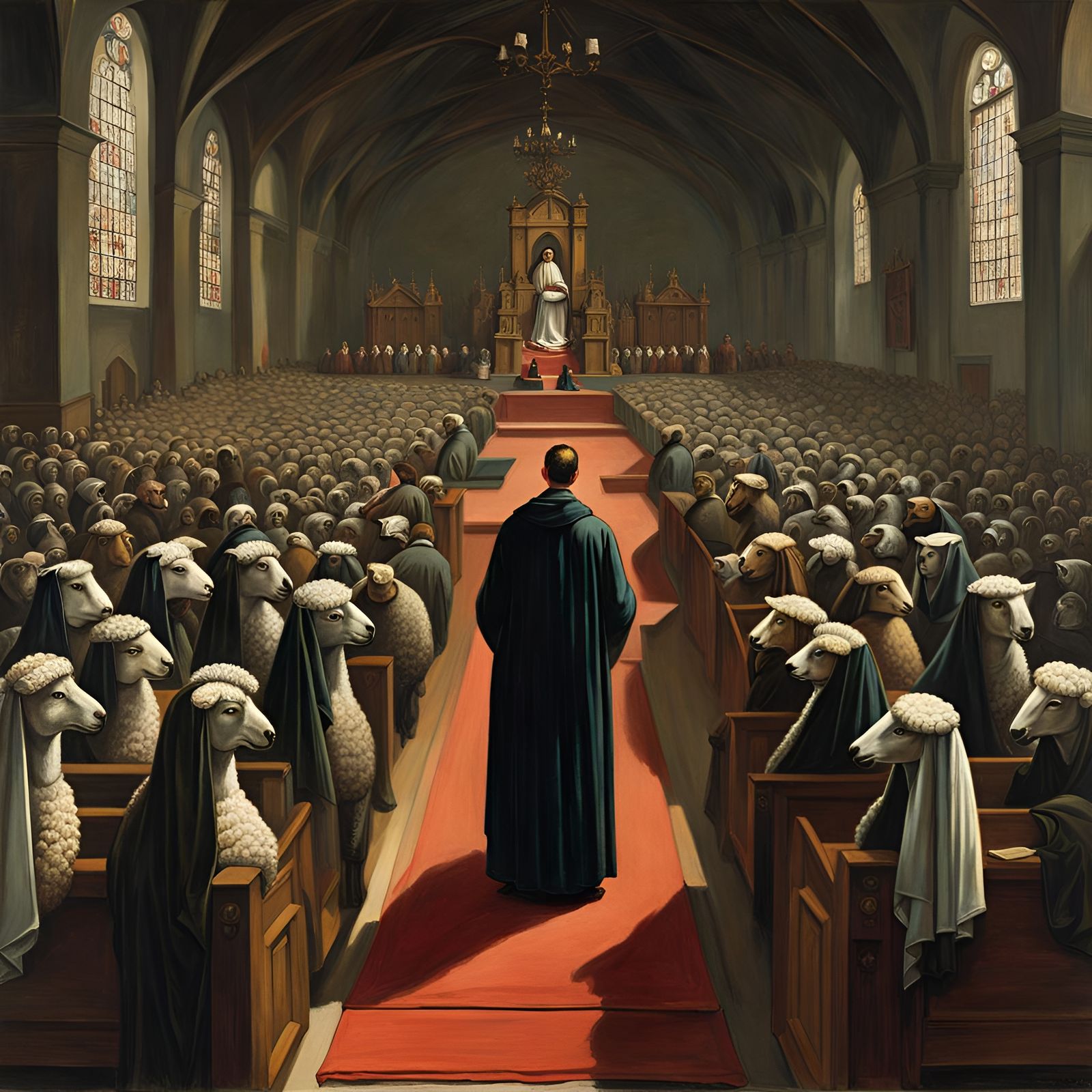 Holy Robot Preaching to Sheep in Gothic Horror Style