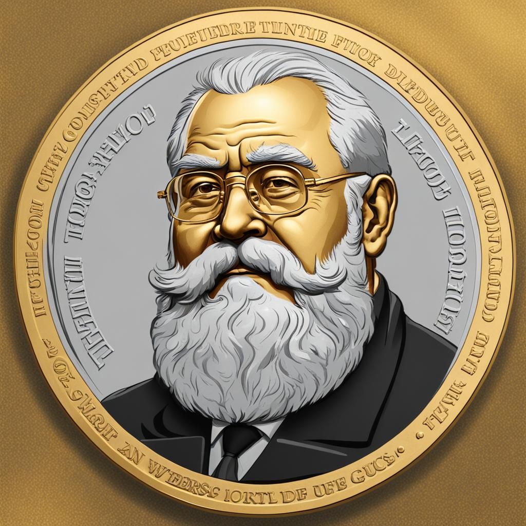 A gold coin with the profile picture of a heavy man with gray hair and gray beard wearing glasses