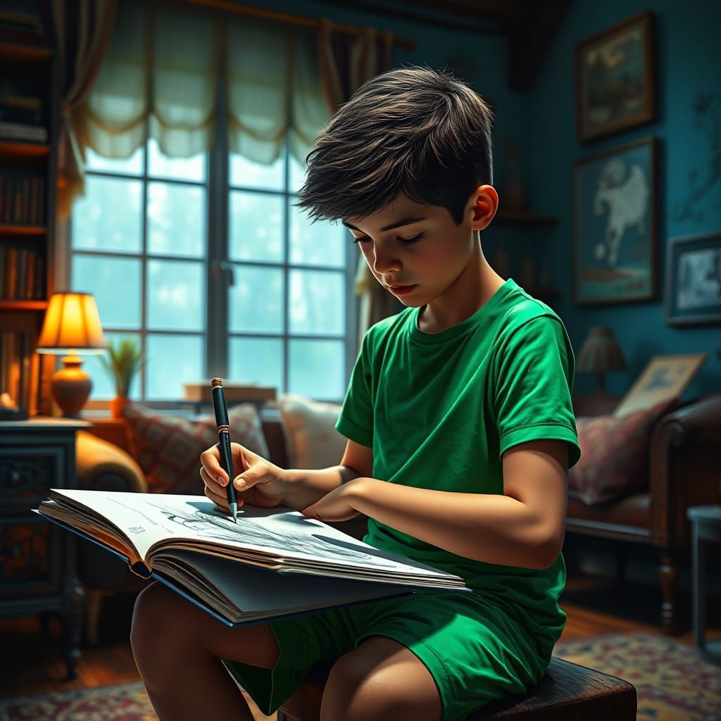 Boy Sketching in Artful Room, Digital Art