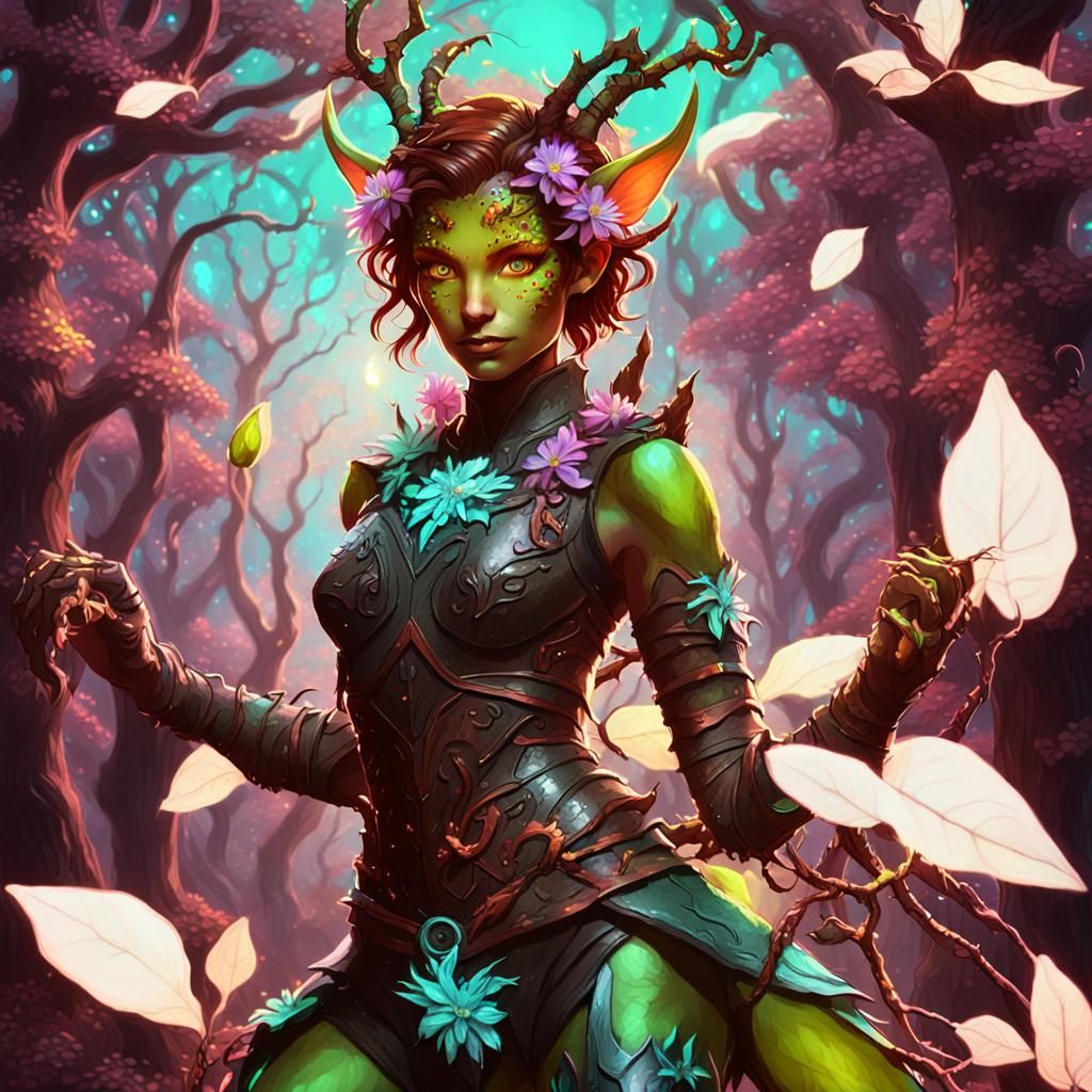 Plant Elf Tiefling Woman in Lush Forest: 3D Anime Art