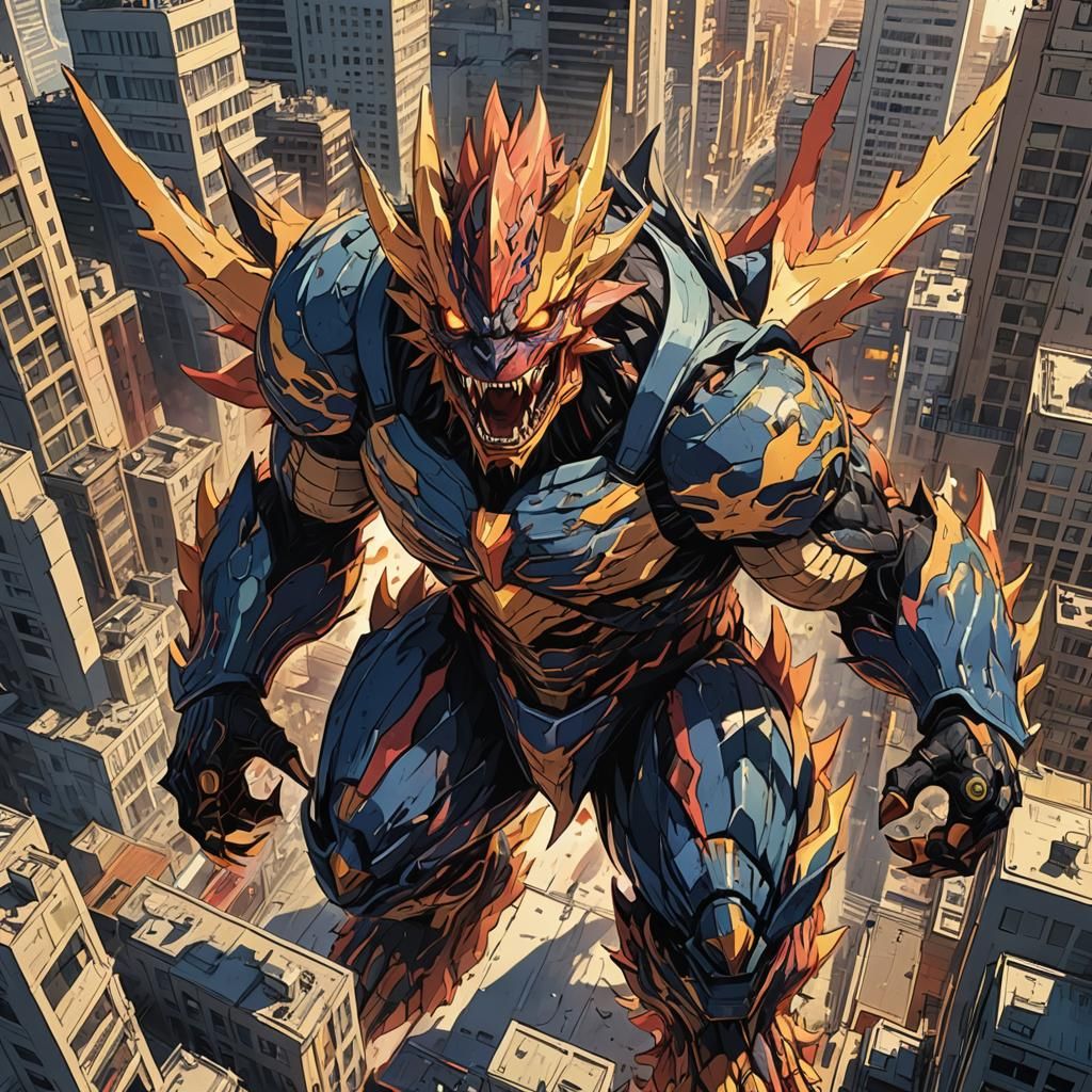 Giant Monster Roaring in Cityscape, Manga Scan Style