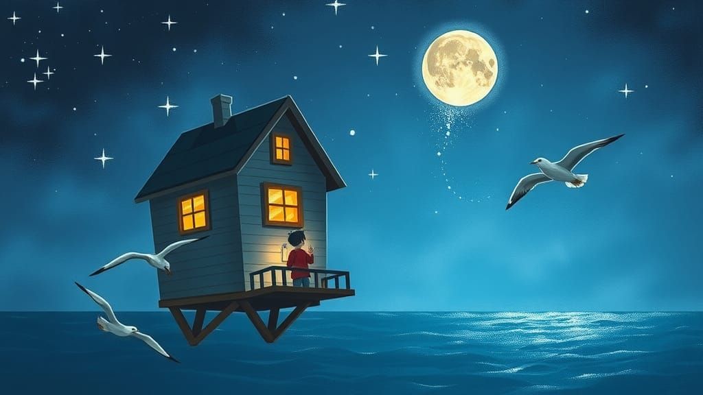 Boy in Flying House Under Moonlight