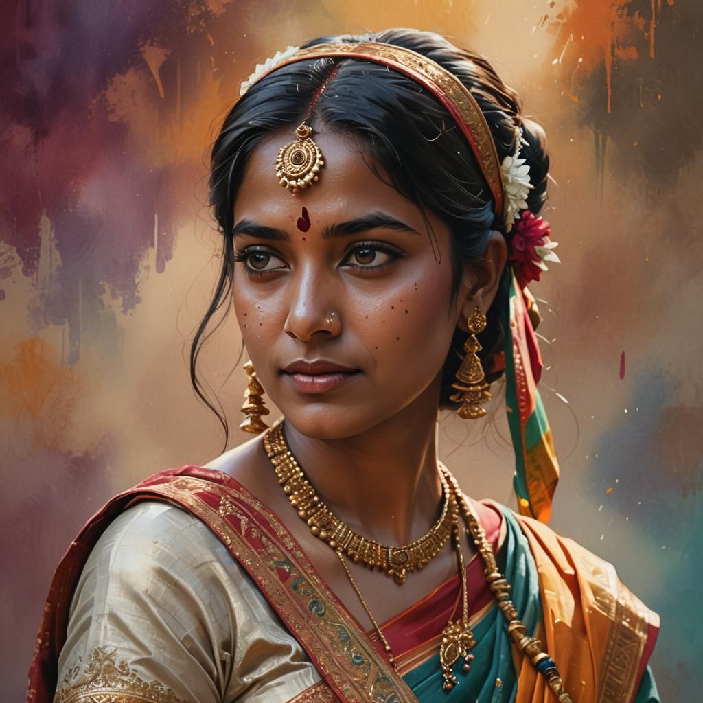 Indian Woman in Traditional Saree: Splash Art Portrait