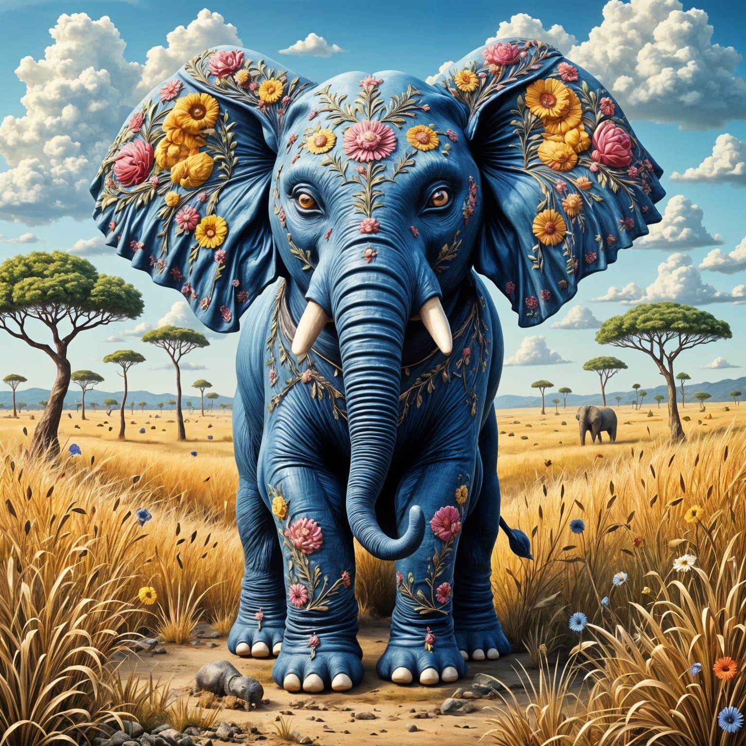 Denim Elephant in Textile Art Style