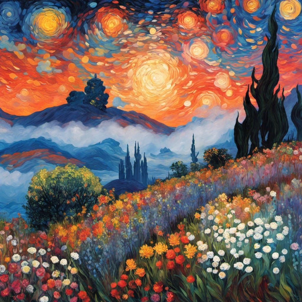 Impressionistic Wanderer Gazing at Starry Floral Sky