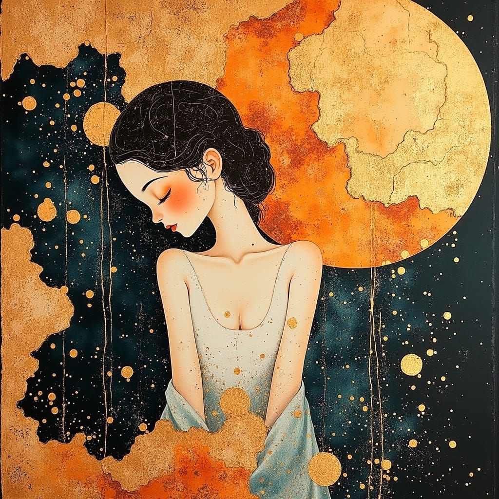 Mystical Goddess in Gold Leaf and Whimsical Patterns