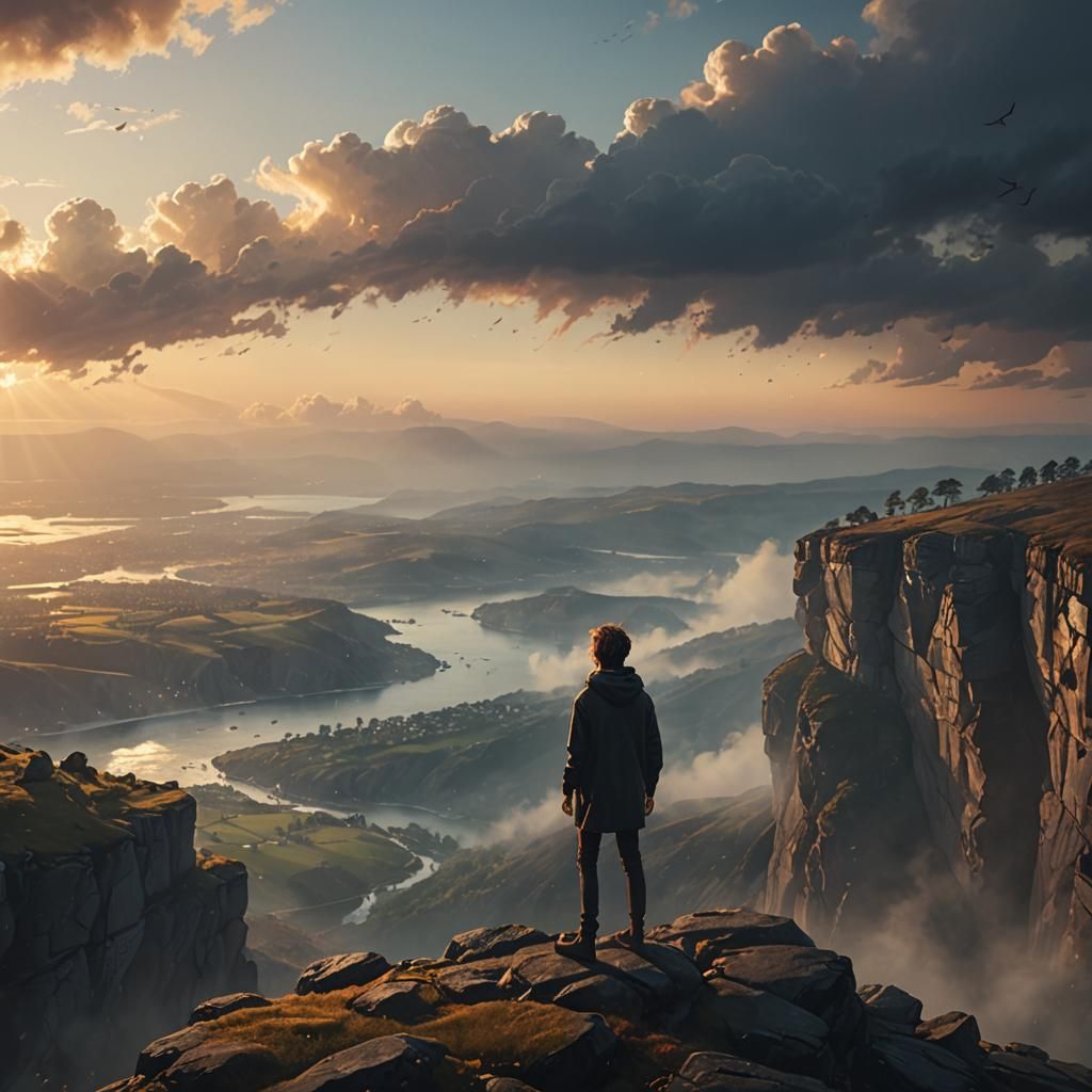 Cliffside Figure in Golden Light: Concept Art