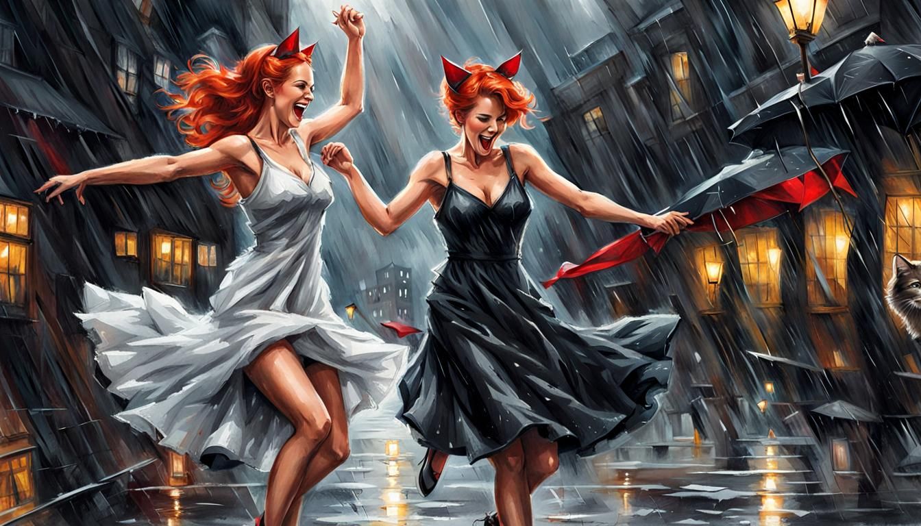 Redhead Women Dancing in Rain: Charcoal Art