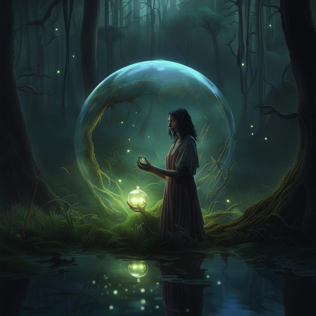 Swamp Witch with Firefly Sphere, Dark Fantasy Art
