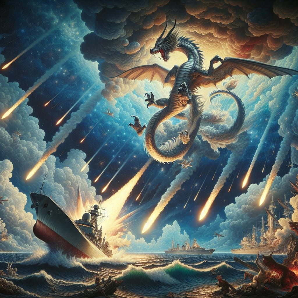 Dragon Engulfed in Missiles Amidst a Celestial Sky