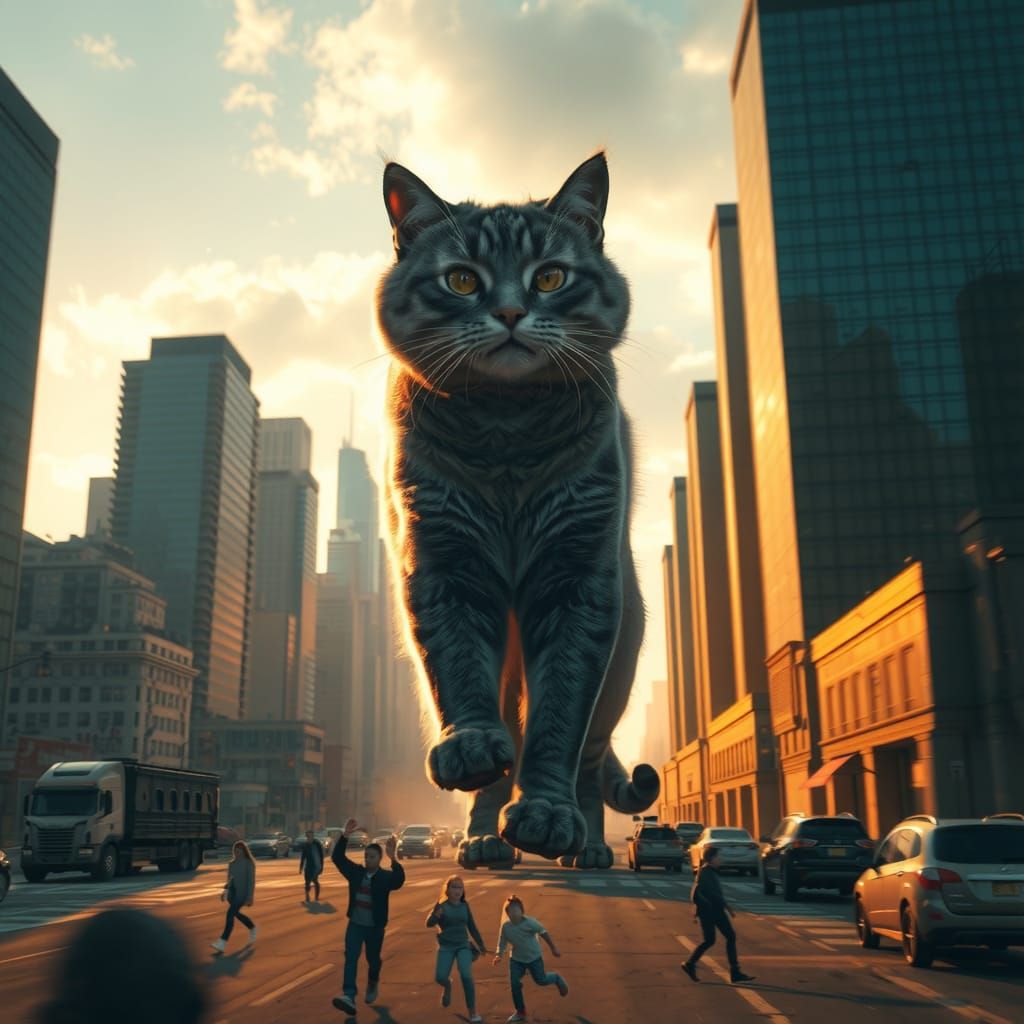 Giant Cat Terrorizes City in Photorealistic Style