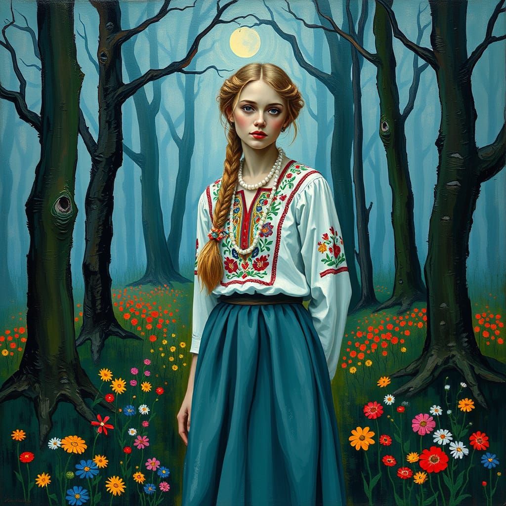 Slavic Goddess in Vibrant Forest Landscape