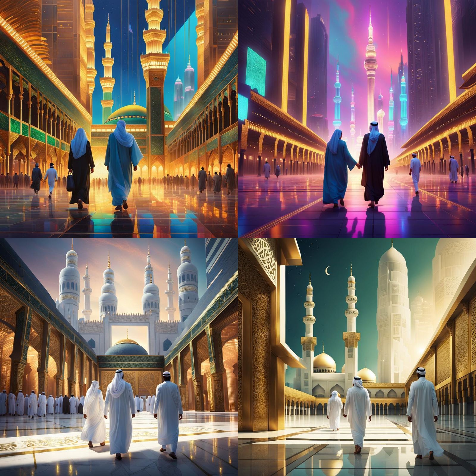 Futuristic Mecca: Muslim Couple at Kaaba in 2030