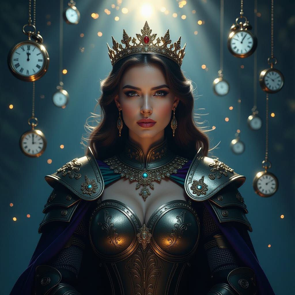 Regal Queen in Antique Armor with Floating Clocks and Golden...