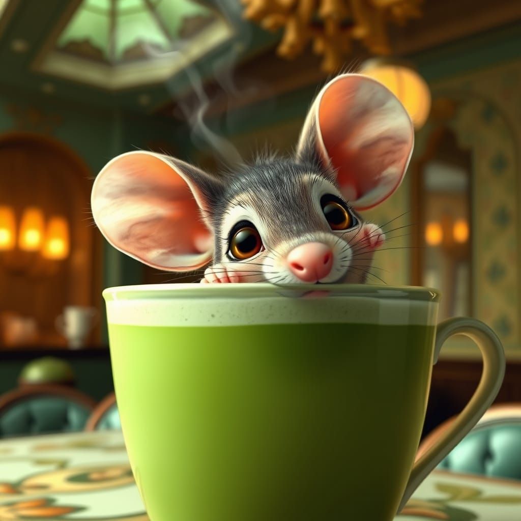 Shy Mouse and Matcha Latte in Pastel Art Deco Style