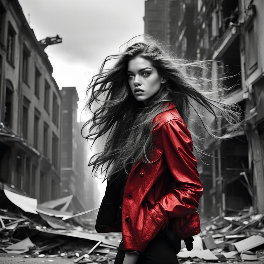 Apocalyptic Red Cityscape with Woman