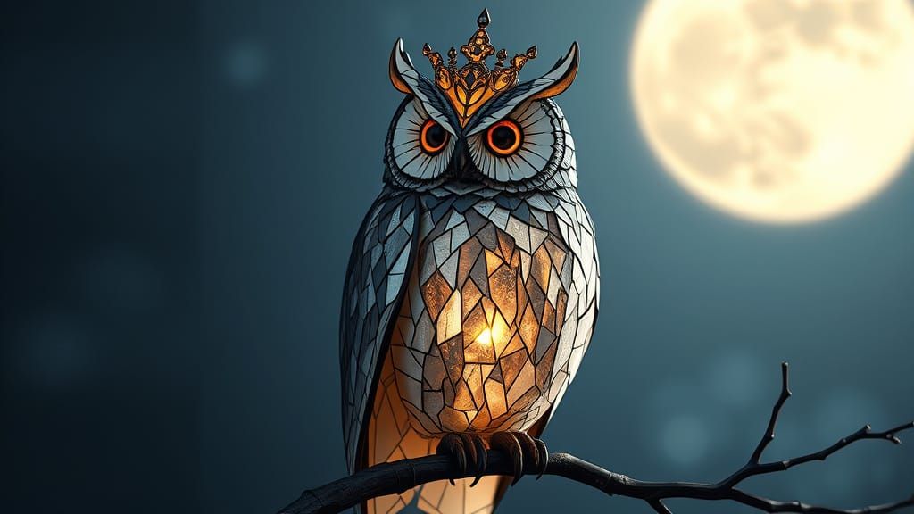 Stained Glass Owl Perched on Moonlit Branch