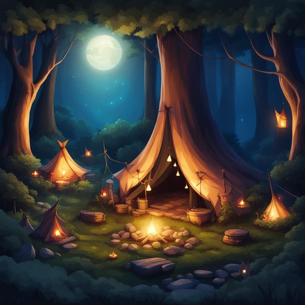 Enchanted Fairy Camp in Night Forest