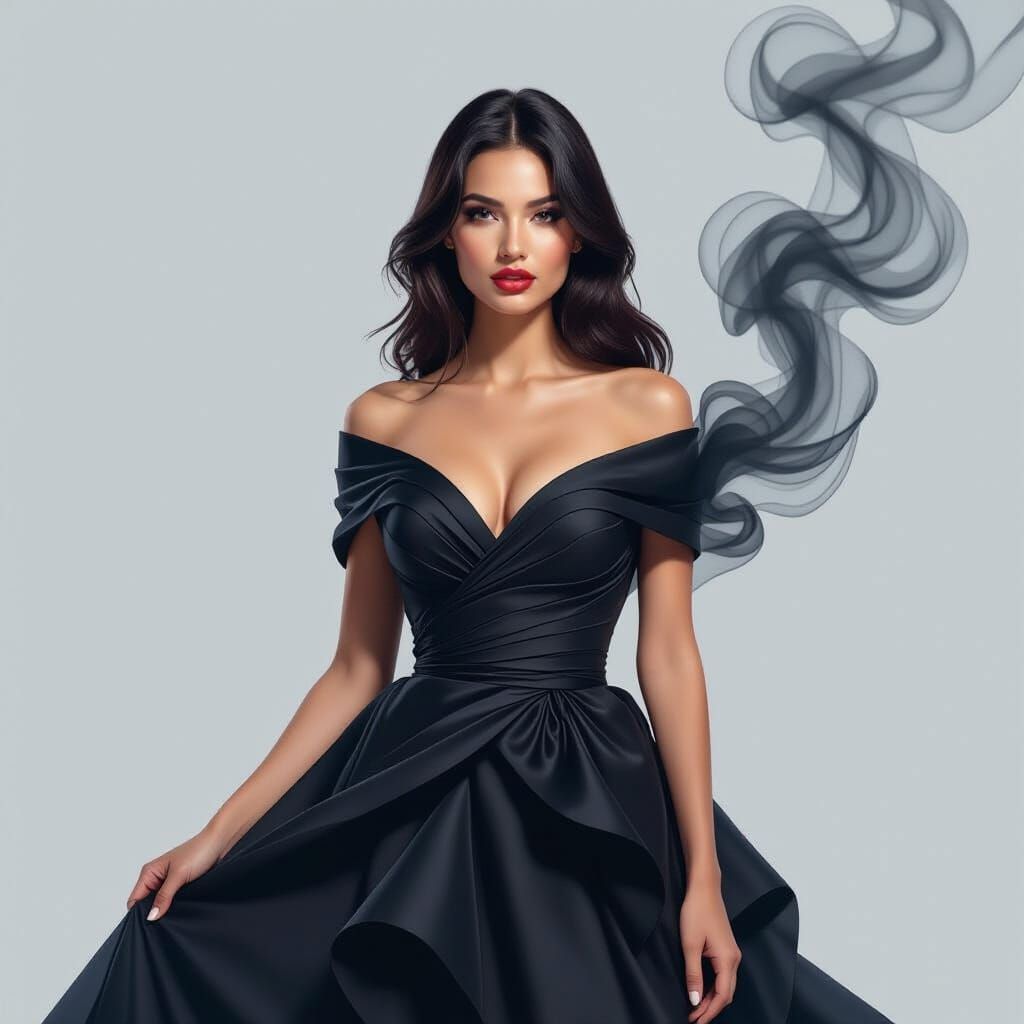 Ethereal Woman in Dress of Shadows and Smoke